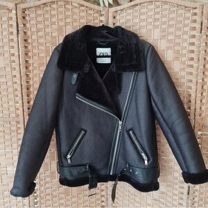 Zara Black Leather-Style Jacket with Fur Trim